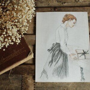Original 9"x12" Artwork Sketch, Colored Pencil Victorian Woman